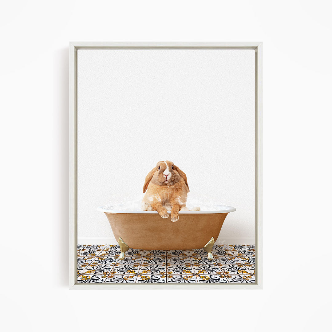 A brown rabbit sitting in a bathtub filled with water, surrounded by a patterned tile floor.