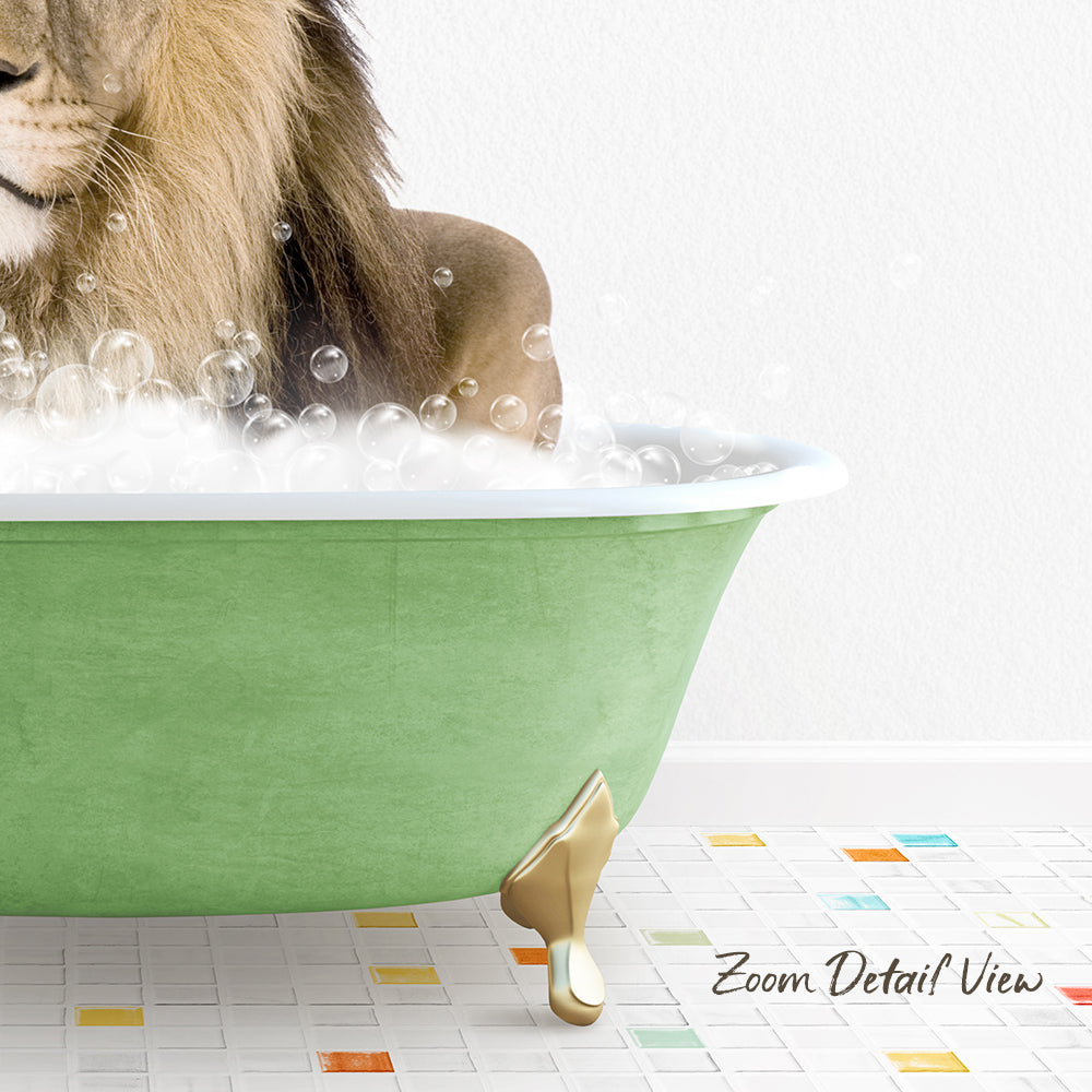 A lion is sitting in a green bathtub filled with bubbles, creating a whimsical and playful scene.