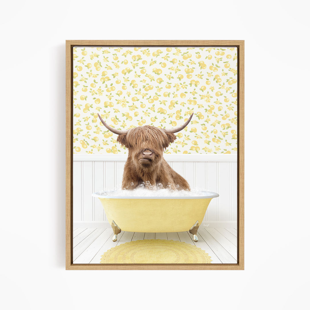 A brown cow with long horns is sitting in a yellow bathtub filled with water, surrounded by a yellow floral pattern on the wall behind it.