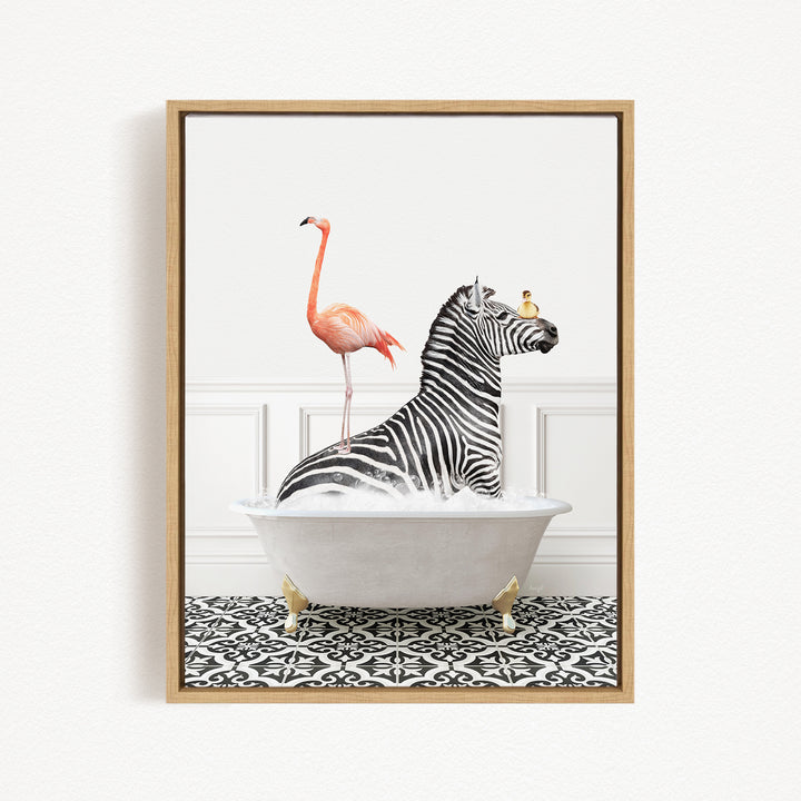 A zebra is sitting in a bathtub filled with water, with a pink flamingo standing on its back.