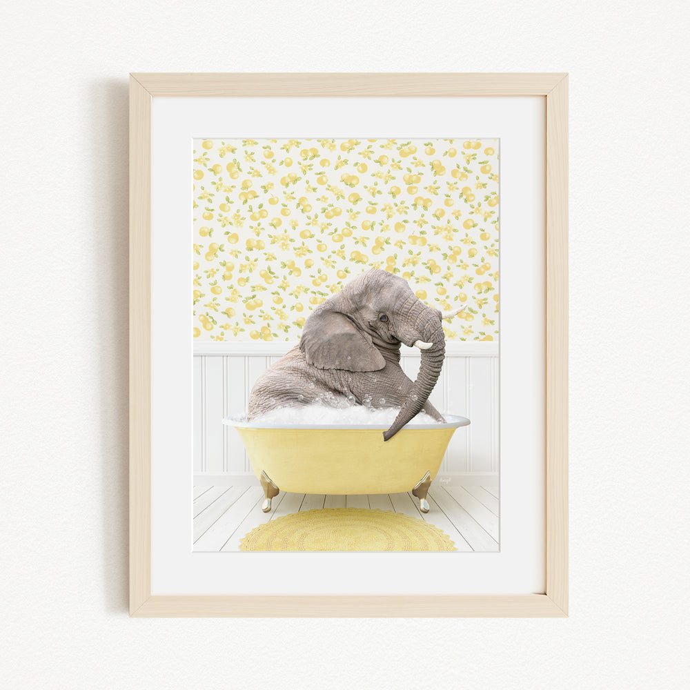 A gray elephant is sitting in a yellow bathtub, surrounded by a yellow and white floral pattern on the wall behind it.