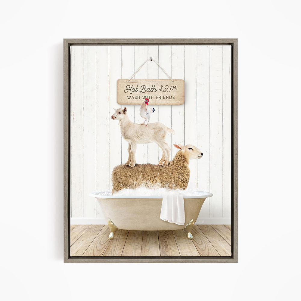A framed image depicting a goat standing on top of a sheep in a bathtub, with a sign above that reads "Hot Bath $2.00 WASH WITH FRIENDS".