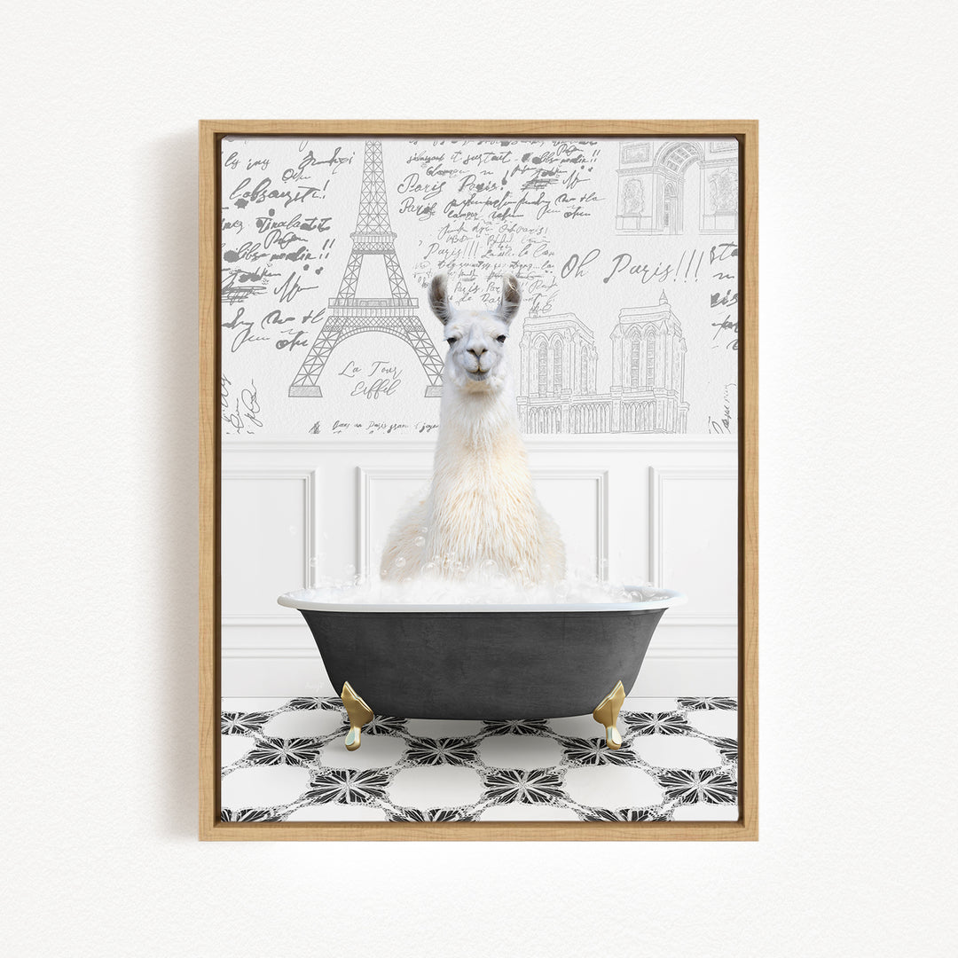 A white llama sitting in a bathtub filled with bubbles, with a Paris-themed background featuring the Eiffel Tower and other landmarks.