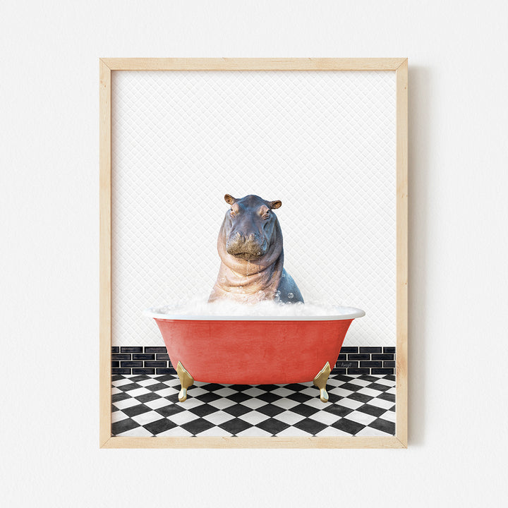 a hippo sitting in a bathtub with a black and white checkered floor