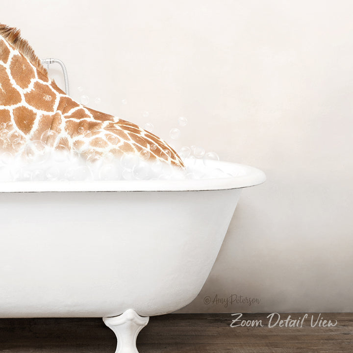 A giraffe is sitting in a white bathtub filled with water, creating a whimsical and playful scene.