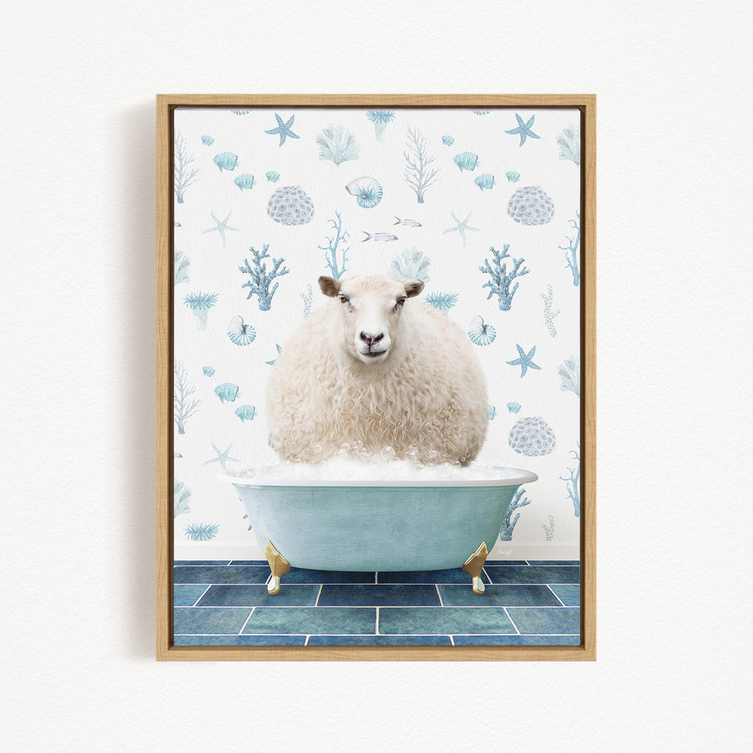A fluffy white sheep sits in a blue bathtub, surrounded by a pattern of seashells, starfish, and other marine life.