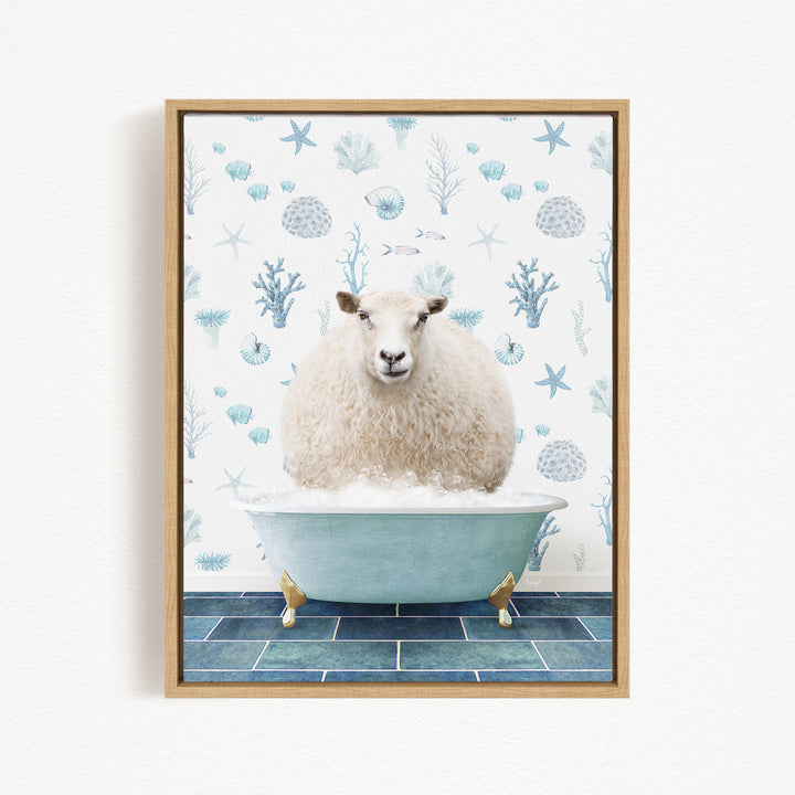 A fluffy white sheep sits in a blue bathtub, surrounded by a pattern of seashells, starfish, and other marine life.