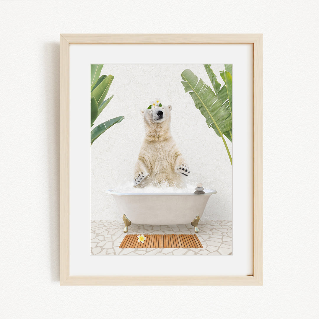 A polar bear sitting in a bathtub filled with water, surrounded by tropical plants.