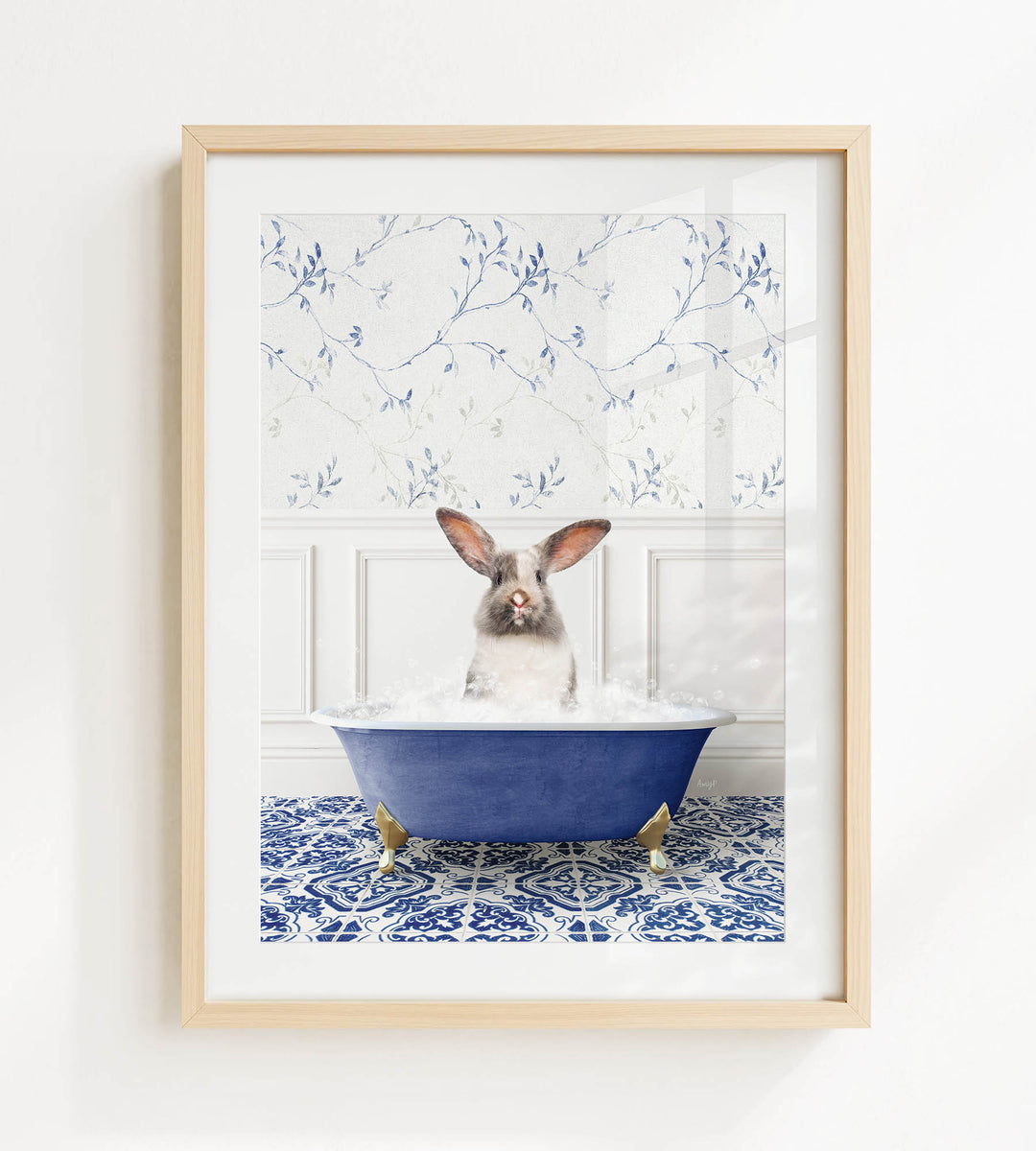A small rabbit sitting in a blue bathtub filled with water, surrounded by a patterned tile floor.