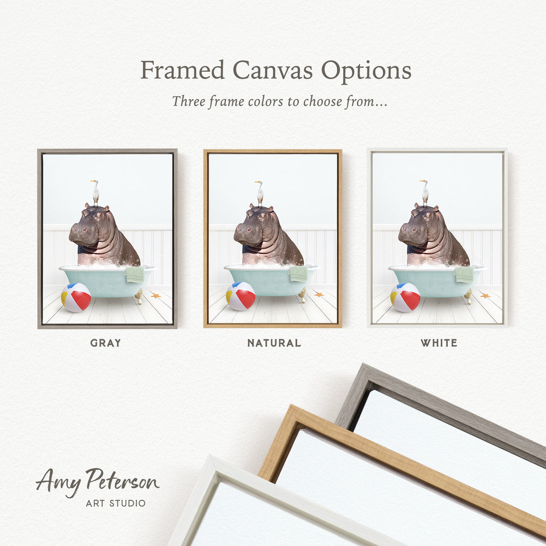 three framed canvas options featuring a hippopotamus sitting in a bathtub with a beach ball and starfish nearby.