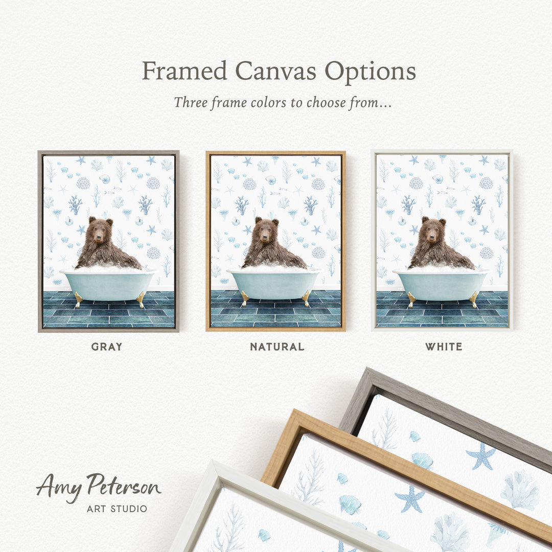 three framed canvas options featuring a bear sitting in a bathtub, with each option having a different frame color: gray, natural, and white.