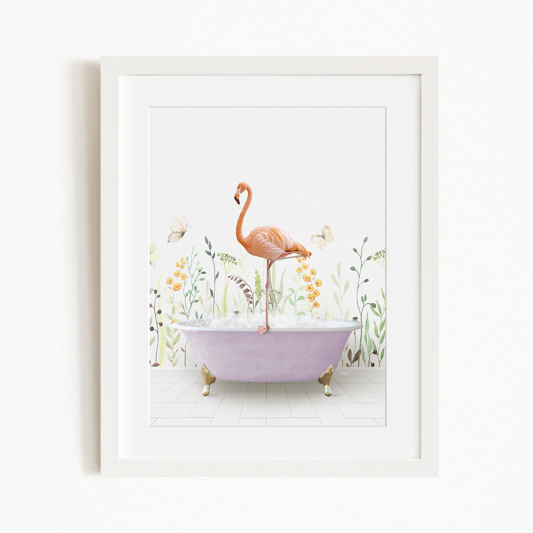 A pink flamingo standing on a purple bathtub filled with bubbles, surrounded by a garden scene with flowers and butterflies.