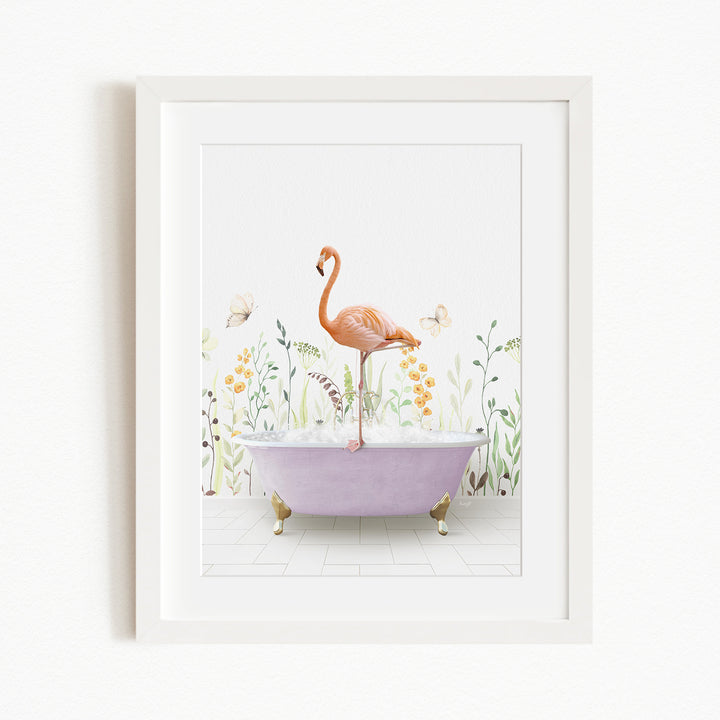 A pink flamingo standing on a purple bathtub filled with bubbles, surrounded by a garden scene with flowers and butterflies.