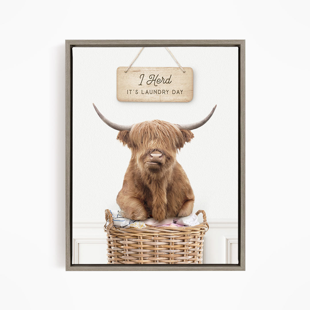 A framed image of a Highland cow sitting in a wicker basket, with a sign above it that says "It's laundry day".
