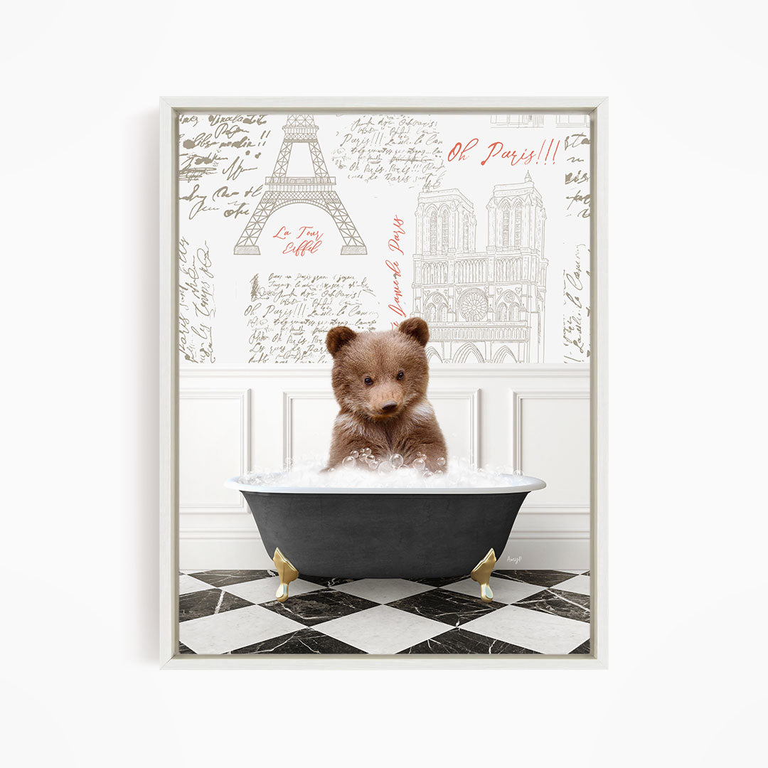 A teddy bear sitting in a bathtub filled with water, with a Paris-themed background featuring the Eiffel Tower and other Parisian landmarks.
