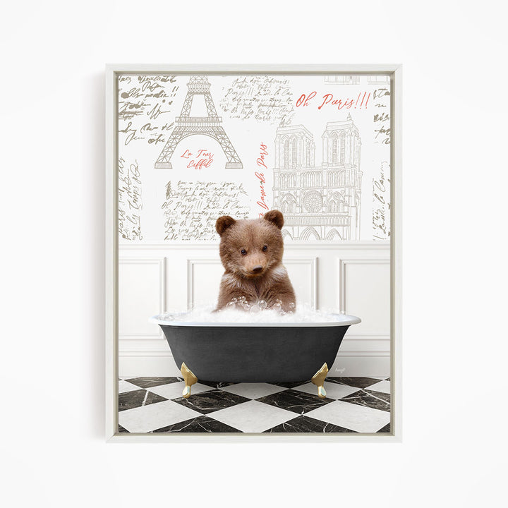 A teddy bear sitting in a bathtub filled with water, with a Paris-themed background featuring the Eiffel Tower and other Parisian landmarks.