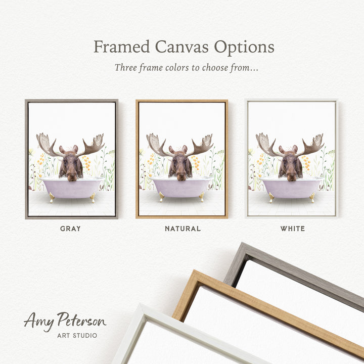 three framed canvas options featuring a moose in a bathtub, with each option having a different frame color: gray, natural, and white.