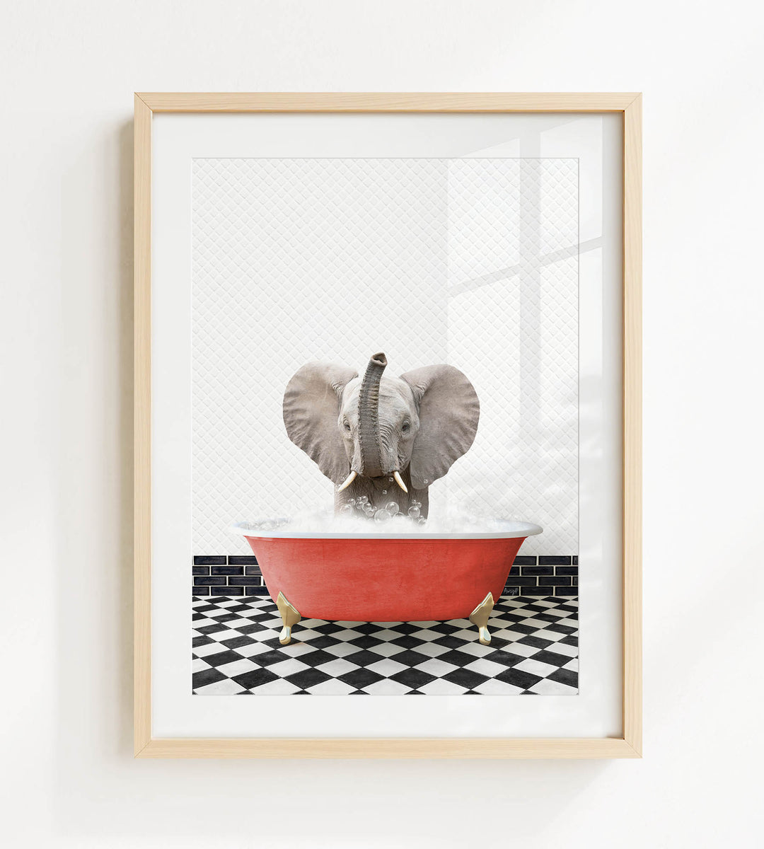 A gray elephant is sitting in a red bathtub filled with water, creating a whimsical and playful scene.