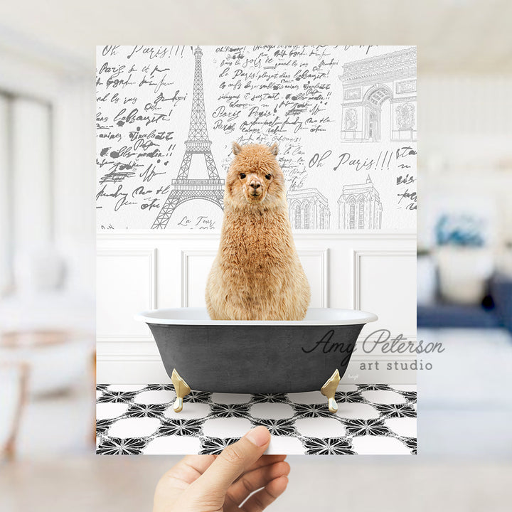 a person holding a card with a dog in a bathtub