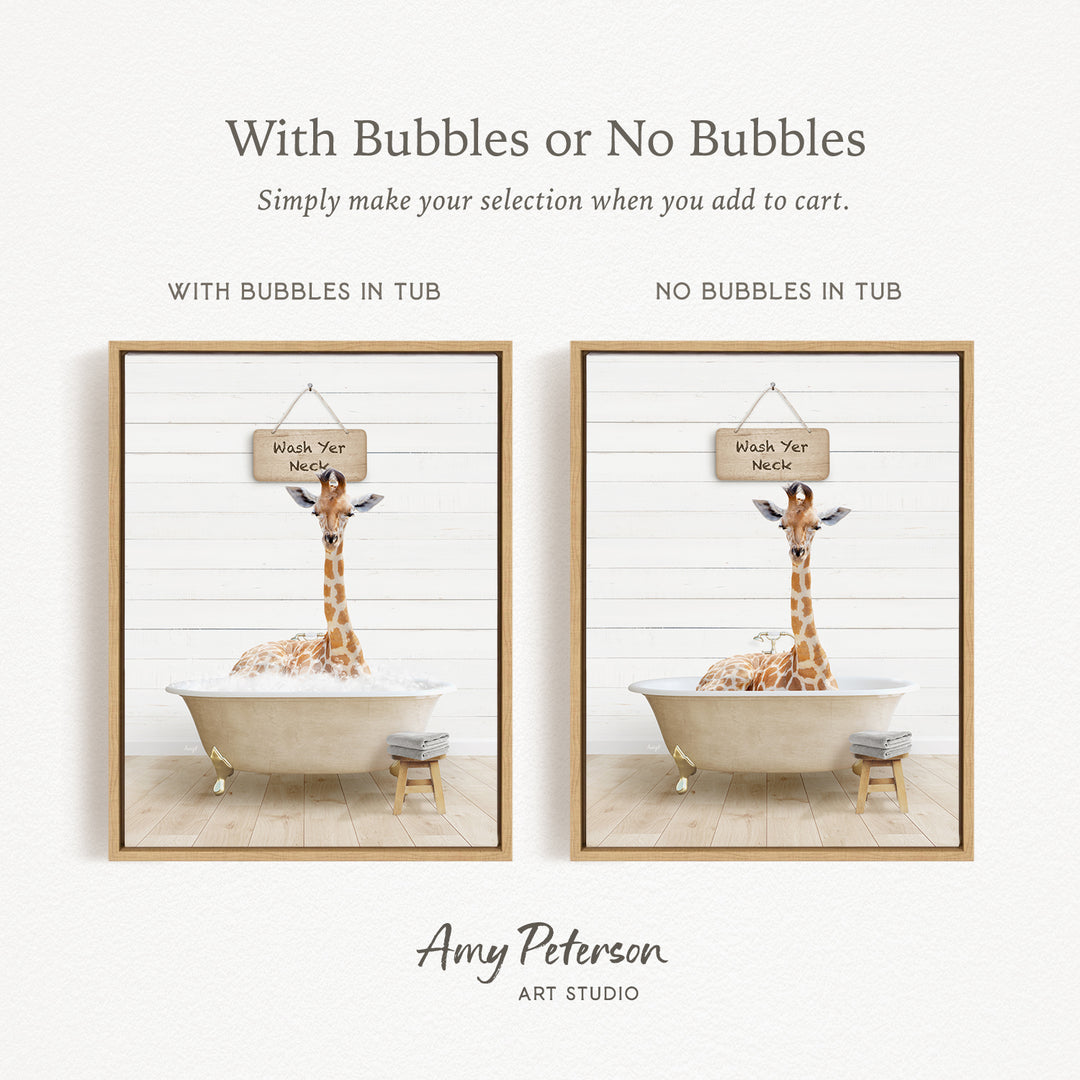 The image is a collage of two pictures featuring a giraffe sitting in a bathtub. The first picture has bubbles in the tub, while the second picture does not have bubbles. The text above the images reads "With Bubbles or No Bubbles Simply make your selection when you add to cart."