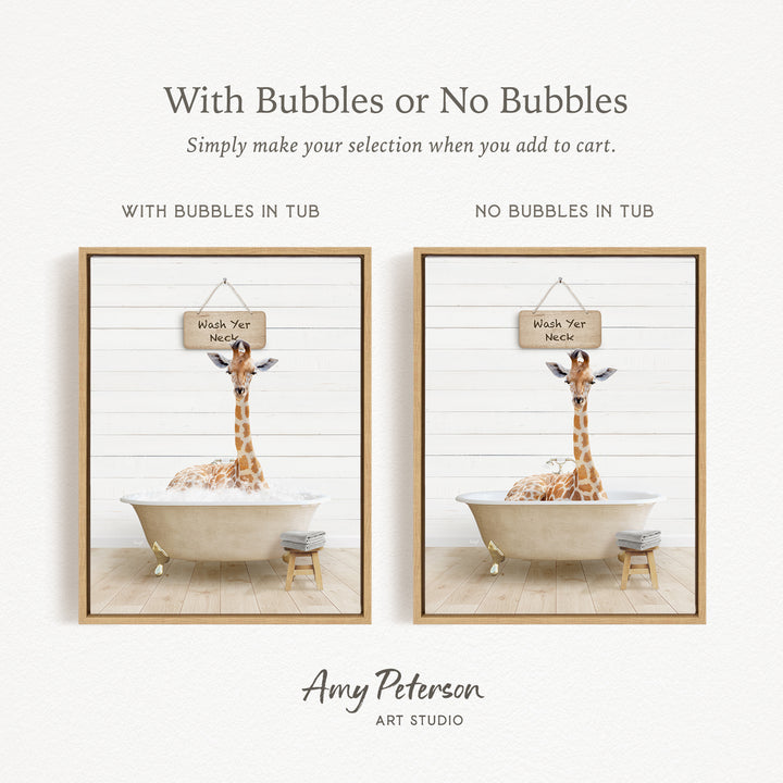 The image is a collage of two pictures featuring a giraffe sitting in a bathtub. The first picture has bubbles in the tub, while the second picture does not have bubbles. The text above the images reads "With Bubbles or No Bubbles Simply make your selection when you add to cart."