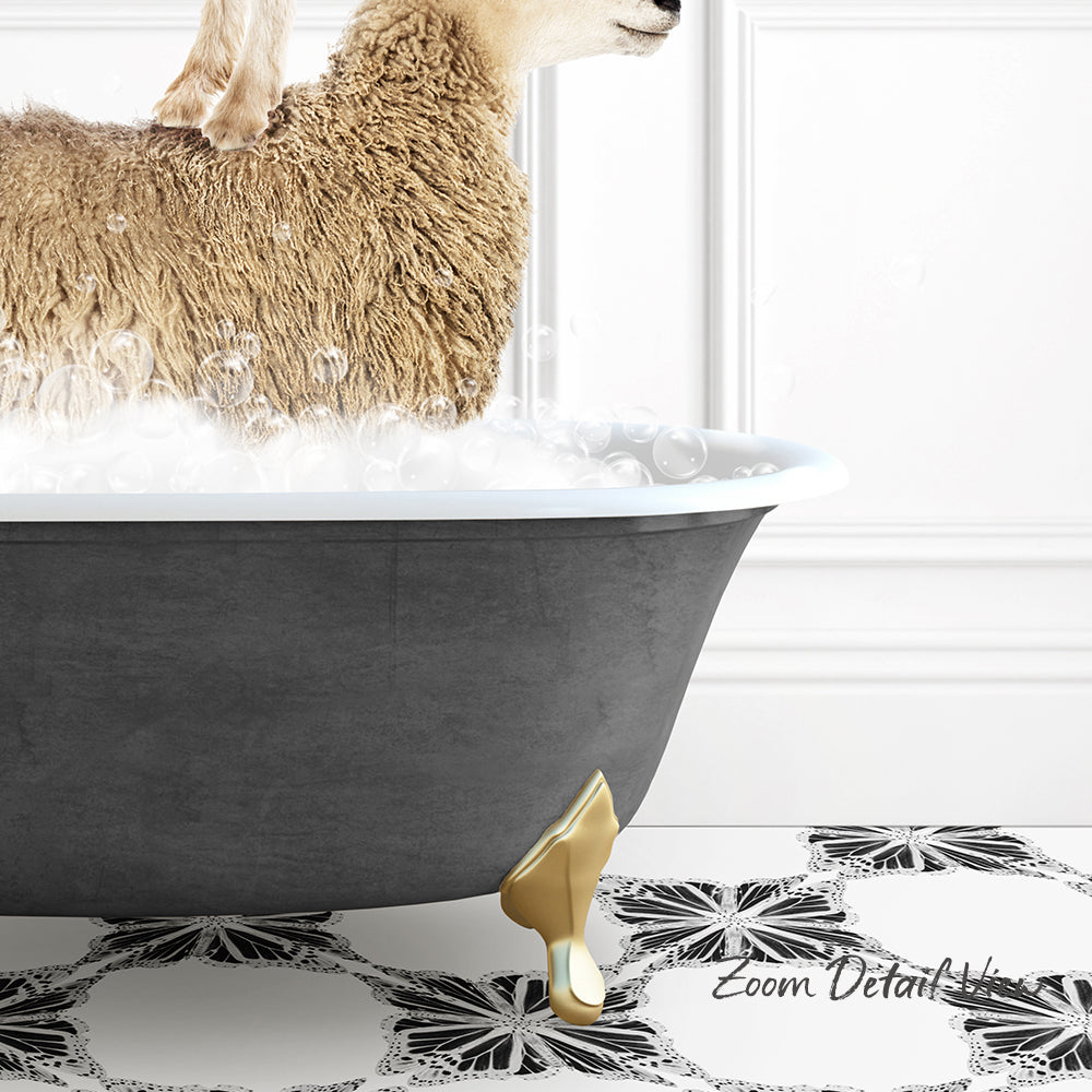 A fluffy brown sheep is standing in a bathtub filled with water, with bubbles around it.