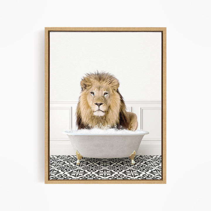 A lion sitting in a bathtub filled with water, surrounded by a black and white patterned floor.