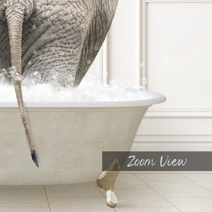 A large elephant is standing in a bathtub filled with bubbles, with its trunk submerged in the water.