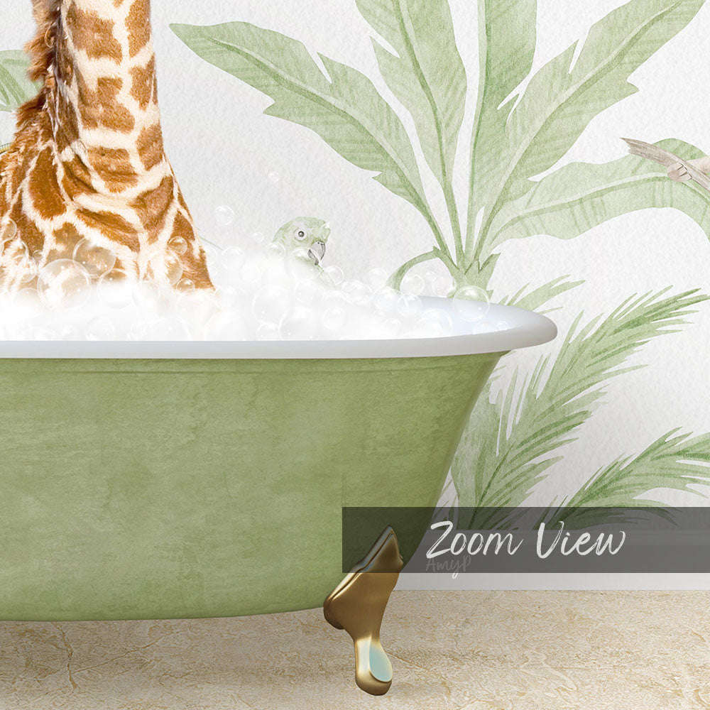 A giraffe is standing in a green bathtub filled with bubbles, with a bird perched on the rim of the tub.