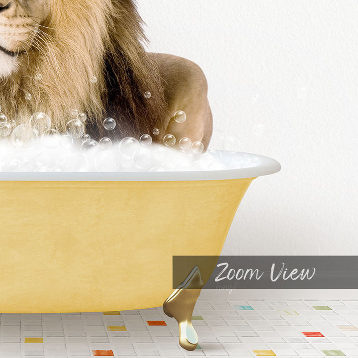 A lion is sitting in a yellow bathtub filled with bubbles, creating a whimsical and playful scene.