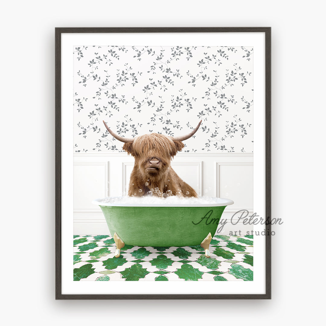 a brown dog sitting in a green bath tub