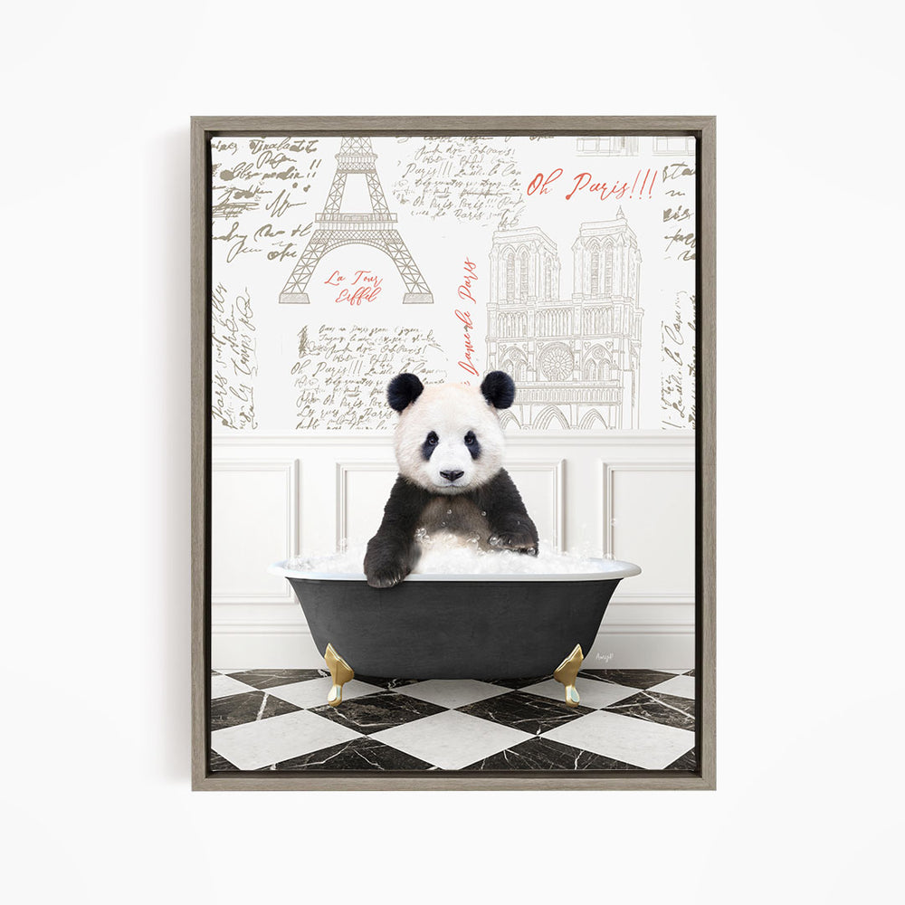 A panda bear sitting in a bathtub, surrounded by various Paris-themed elements such as the Eiffel Tower and other landmarks.