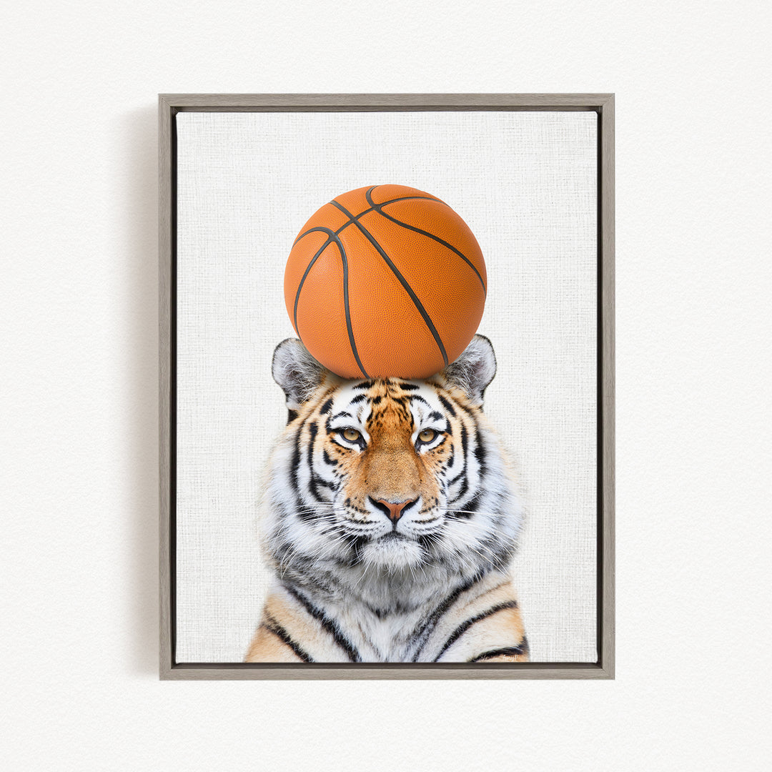 A tiger is sitting on a basketball, with the basketball positioned on its head.