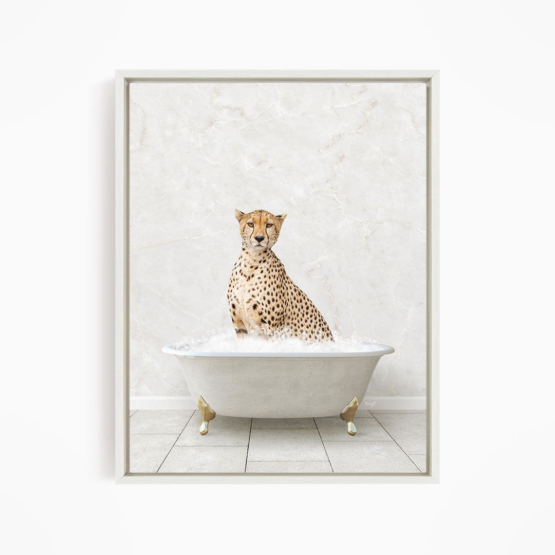 A cheetah sitting in a white bathtub filled with water, looking directly at the camera.