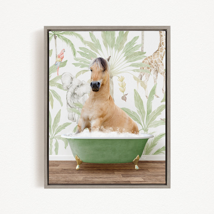 A light brown horse is sitting in a green bathtub, surrounded by a tropical wallpaper with palm trees and other animals.