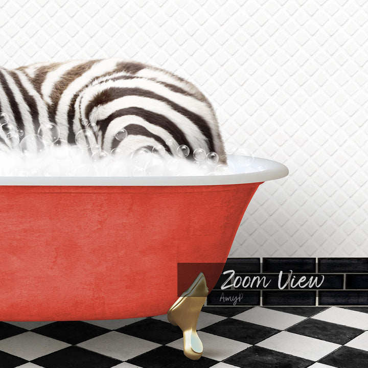 A zebra lying in a red bathtub filled with bubbles, with a black and white checkered floor and a tile wall in the background.