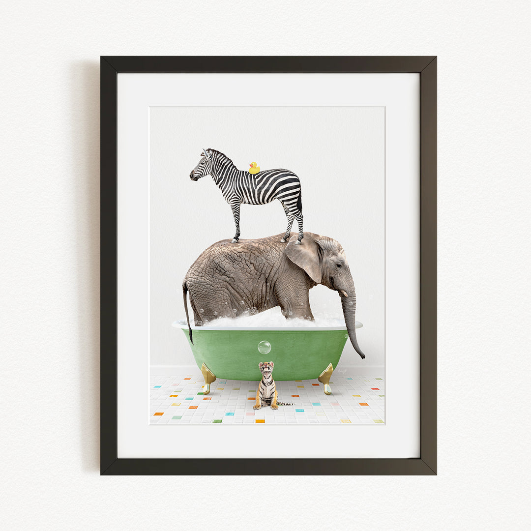 A zebra stands on top of an elephant in a green bathtub, with a small tiger sitting nearby.
