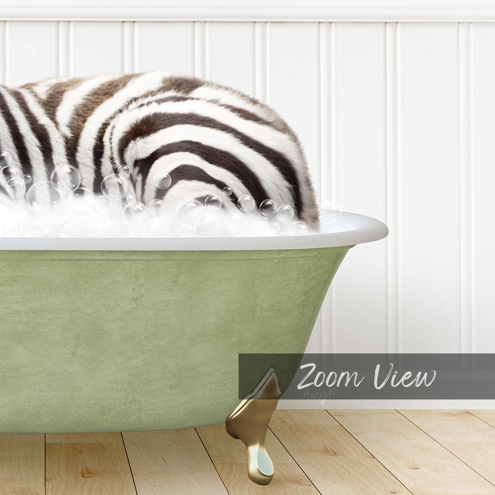 A zebra lying in a green bathtub filled with bubbles, as if enjoying a relaxing bath.