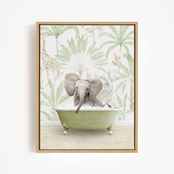 A baby elephant sitting in a green bathtub, surrounded by tropical foliage and animals.