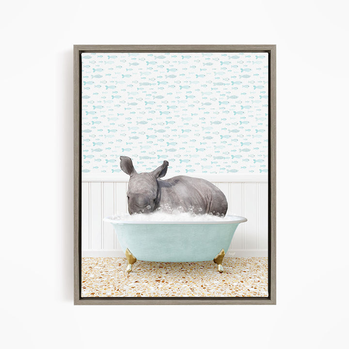 A rhinoceros is sitting in a blue bathtub filled with water, surrounded by a pattern of fish.