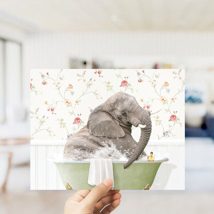 A hand holds up a collage of two images: one showing an elephant sitting in a bathtub with a yellow rubber duck, and the other depicting a floral wallpaper.