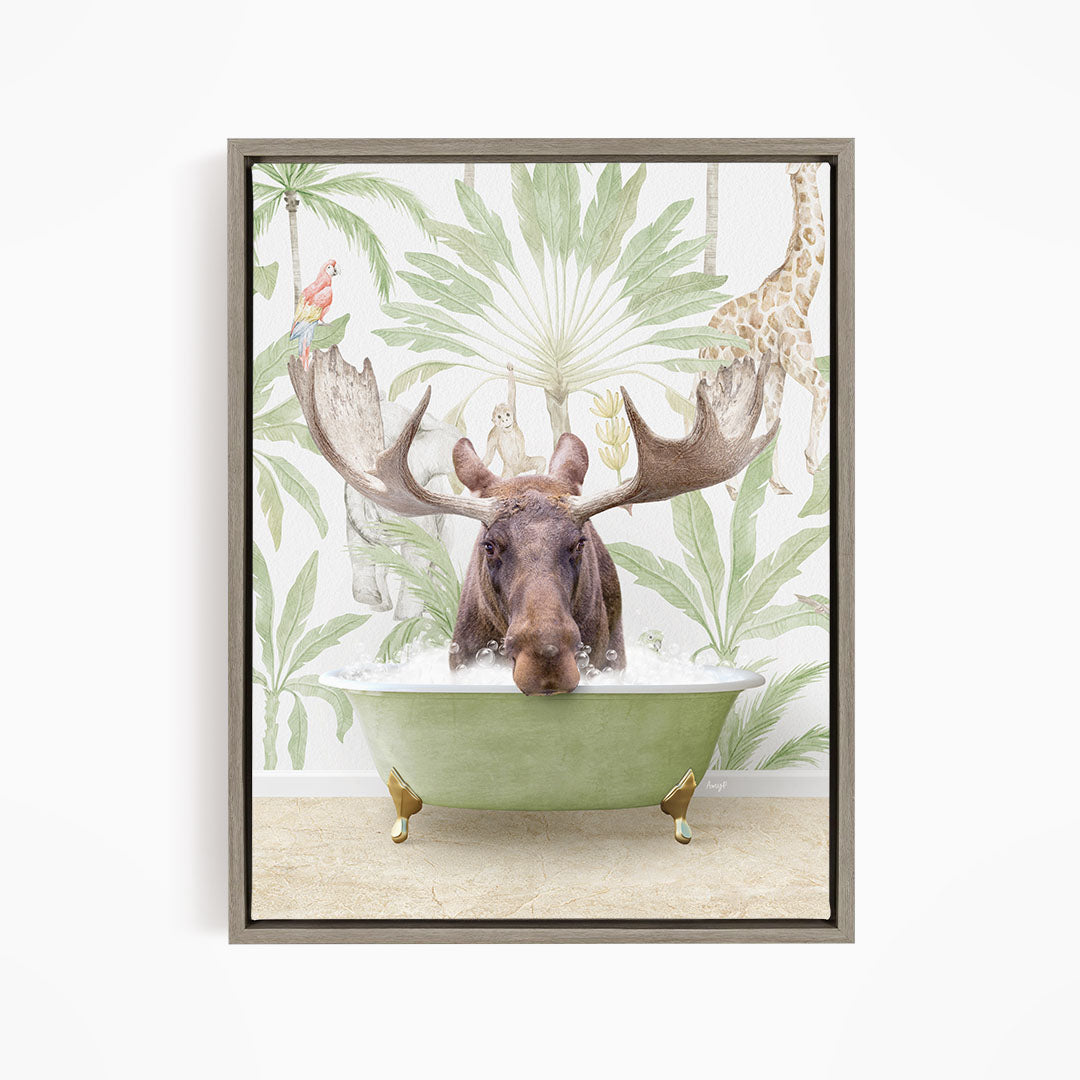 A moose is sitting in a green bathtub, surrounded by tropical plants and animals, including a giraffe and a parrot.