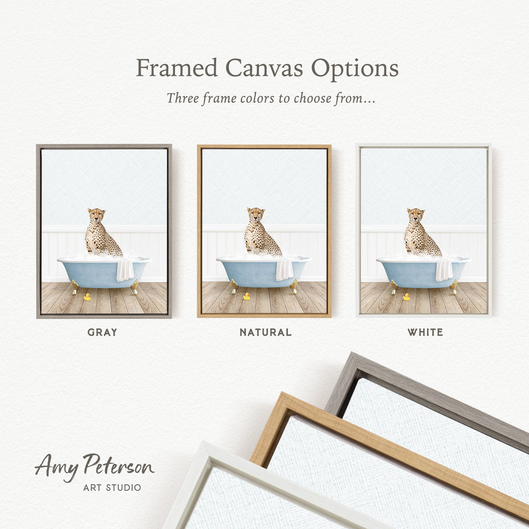 The image is a framed canvas option featuring a cheetah sitting in a bathtub, with three different frame colors to choose from: gray, natural, and white.