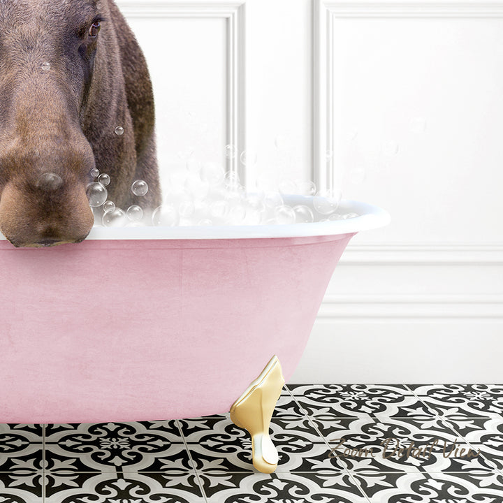 A dog is standing in a pink bathtub filled with bubbles, with a black and white patterned floor in the background.