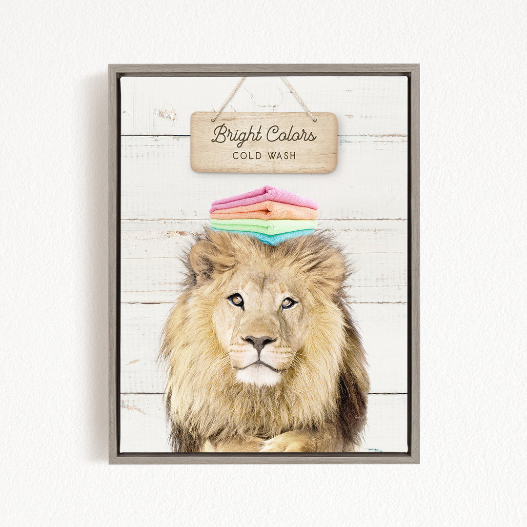 A framed image of a lion with a sign above it that says "Bright Colors Cold Wash".