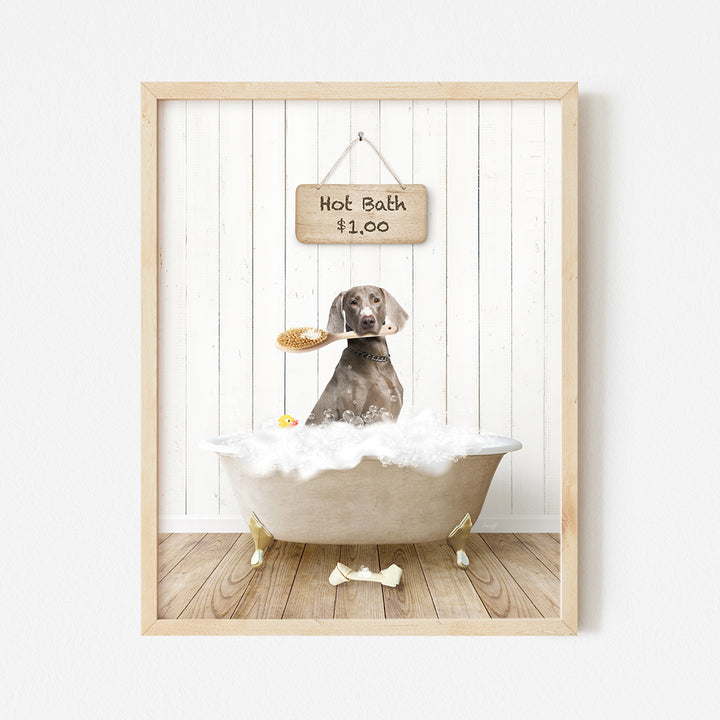 a dog sitting in a bathtub with a sign above it