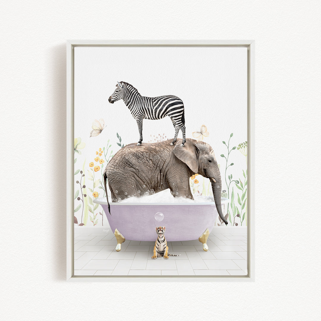 A zebra stands on the back of an elephant, which is sitting in a bathtub, surrounded by flowers and butterflies.