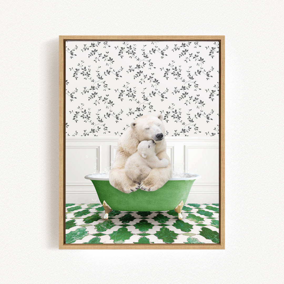 A polar bear is sitting in a green bathtub, with a patterned wall behind it.
