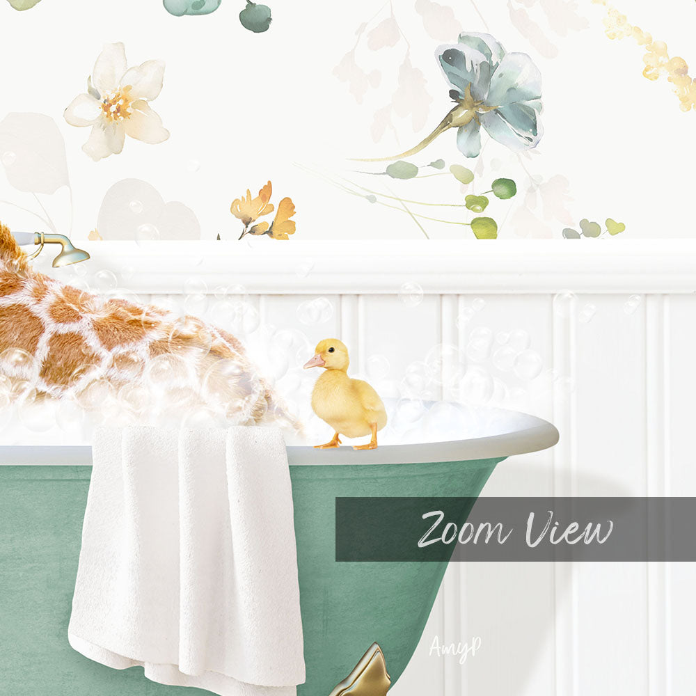 A giraffe is standing in a bathtub filled with bubbles, with a small yellow duck sitting on the edge of the tub.