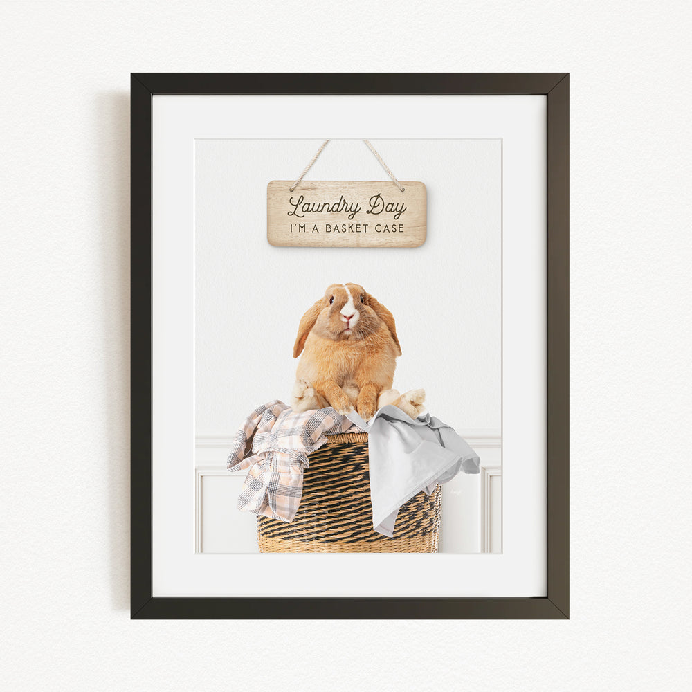 A framed image of a rabbit sitting in a basket filled with laundry, with a sign above that says "Laundry Day I'm a basket case".
